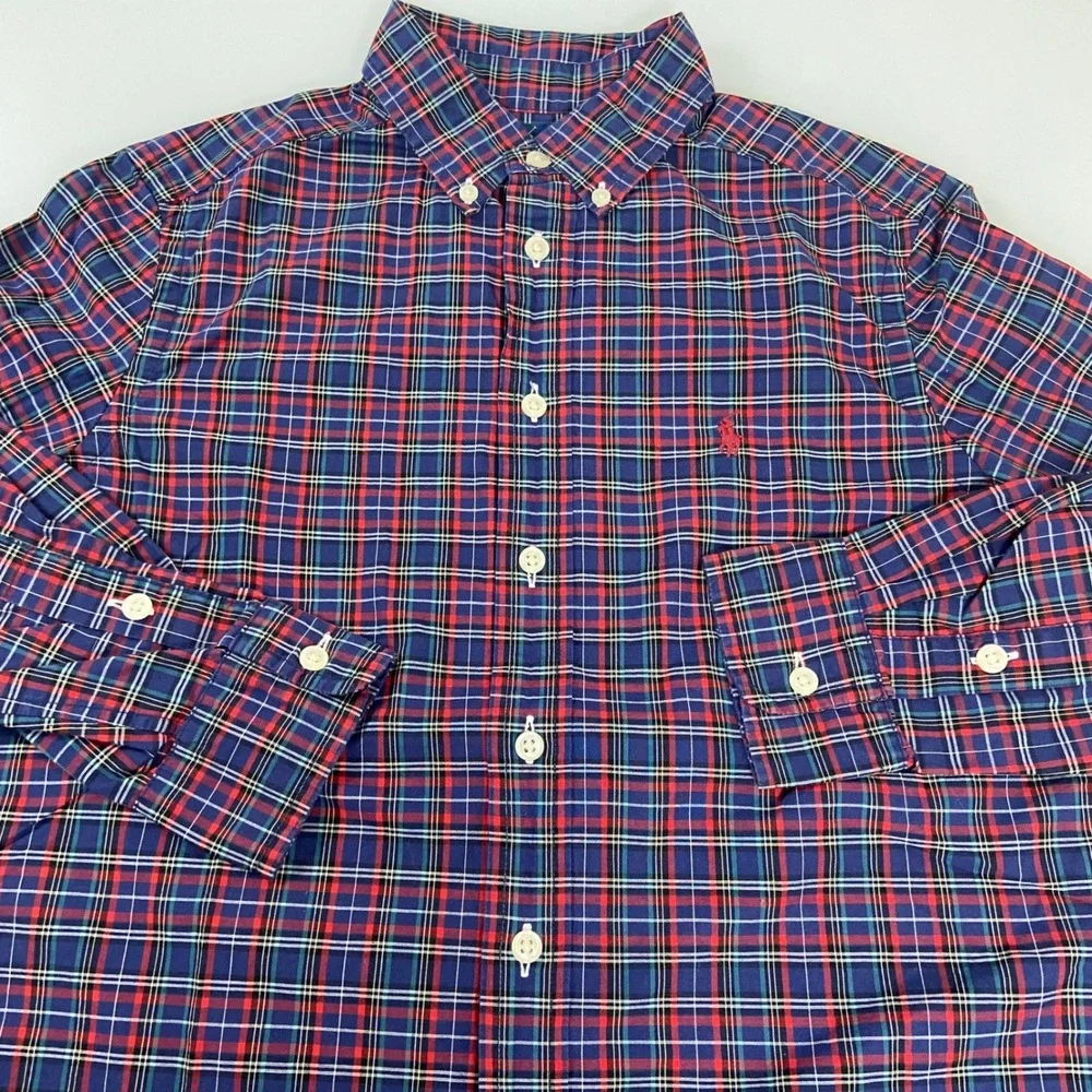 Ralph Lauren Boys Size M (10-12) Plaid Button Down Shirt Red Blue Preppy Classic